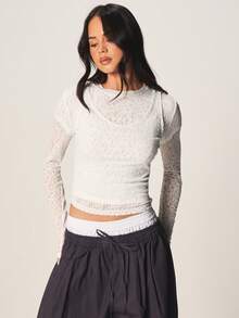 MISSGUIDED Triple Layered Lace Long Sleeve Crew Neck Top With Semi Sheer Texture For Fall Winter Casual Elegant Occasions - White - View 4