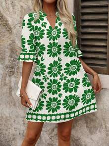 SHEIN Clasi Women's Summer Vacation All-Over Print Short Sleeve Mini Dress - Green - View 6