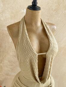 Soleia New Casual Vacation Western Beach Wedding Guest Attire Graduation Brunch Women's Outfit, Suitable For St. Patrick's Day, Spring Break, Easter, Music Festivals, Elegant Bohemian Tropical Halter Backless Metal Beaded Textured Jumpsuit - Apricot - View 4