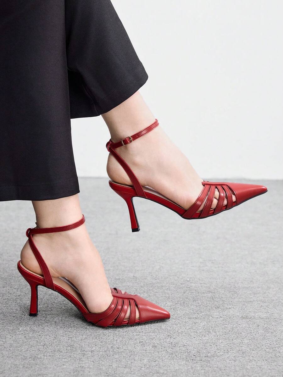 CUCCOO BIZCHIC 女士尖头搭扣镂空优雅高跟鞋 - 紅色 - 查看 1