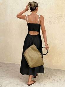 SHEIN Frenchy 女士撞色滚边无袖修身中长连衣裙，夏季时尚之选 - 黑色 - 查看 2