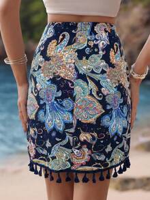 SHEIN Frenchy Chân váy quấn thanh lịch dành cho nữ, họa tiết retro, viền tua rua. - Màu xanh hải quân - Xem 2