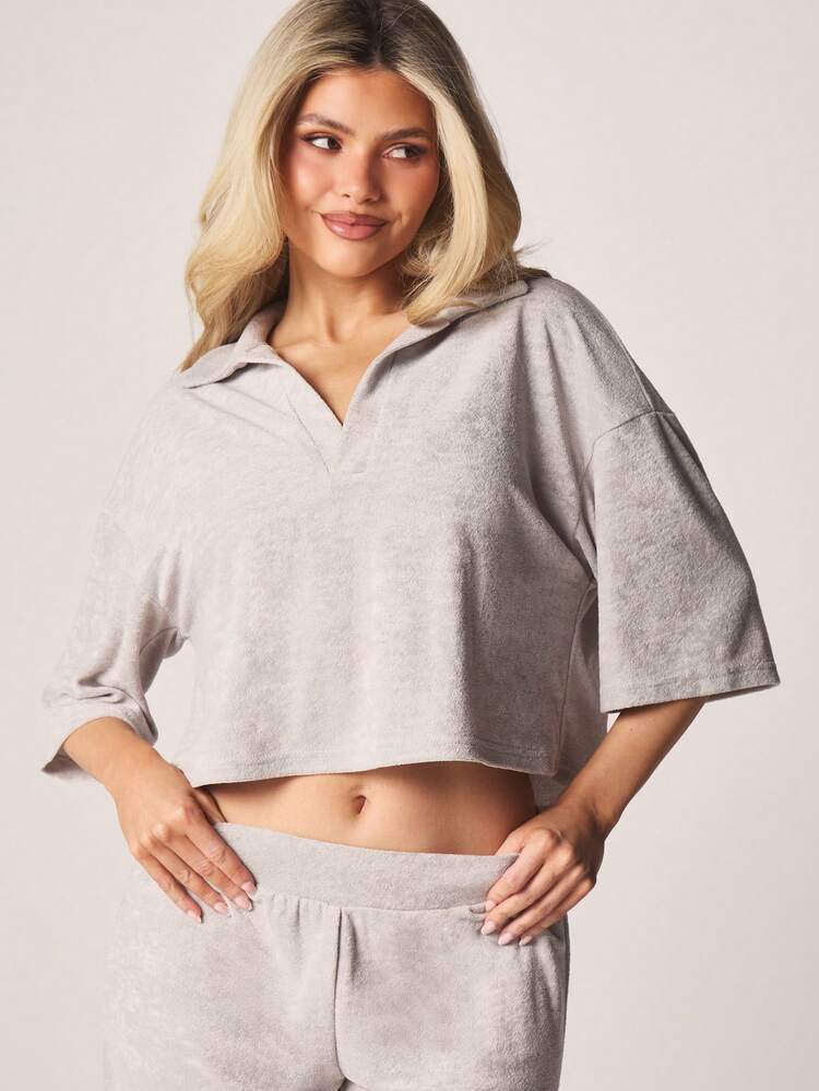 MISSGUIDED Heathered Knit Crop Polo Half Zip Hoodie And Wide Leg Palazzo Pants Two Piece Lounge Set