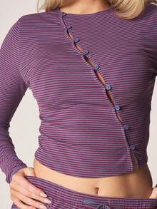 MISSGUIDED Ribbed Knit Striped Long Sleeve Button Front Crop Top Wide Leg Pants Two Piece Co Ord Set Fall Winter Lounge - Multicolor - View 2