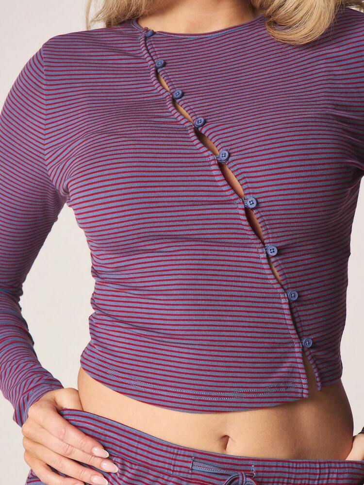 MISSGUIDED Ribbed Knit Striped Long Sleeve Button Front Crop Top Wide Leg Pants Two Piece Co Ord Set Fall Winter Lounge