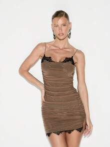 KIZN Ruched Mesh Mini Dress With Lace Trim Detail Sweetheart Neckline Bodycon Party Club Evening Wear Spaghetti Strap - Brown - View 1