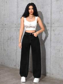 SHEIN PETITE Solid Color Mid-Waist Straight Loose Casual Everyday Jeans ,Petite Women - Black - View 4