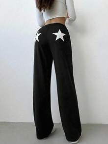 Aloruh Star Print Low Waist Straight Leg Maxi Sweatpants For Women - Black - View 2