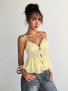 Aloruh Camiseta de mujer de unicolor con parches de malla, de moda - Amarillo claro - Ver 6