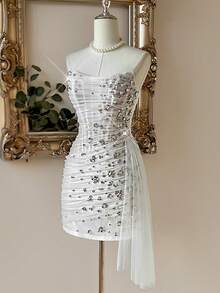 Lovelzi Elegant Luxurious White Mesh Strapless Bodice With Boning, Asymmetric Waistline, Draped Ruffle Skirt, Suitable For Dates, Vacations, Singles Parties, Weddings, Afternoon Tea, Bridal Shower Dress - White - View 6