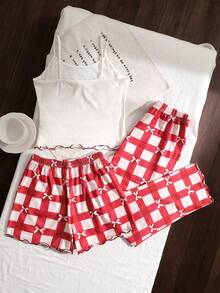 SHEIN 3件套女童睡衣套装，可爱蝴蝶结印花背心、格子短裤和长裤，适合情人节，红色 - 紅白色 - 查看 2
