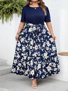 SHEIN CURVE+ Váy ngắn tay dài dáng suông, size US22, thích hợp cho lễ hội âm nhạc, kỳ nghỉ biển, phong cách bohemian mùa hè, thường ngày, in hoa, phối nhiều mảnh. - Nhiều màu - Xem 4