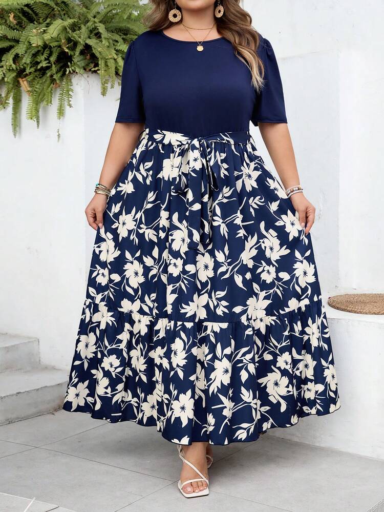 SHEIN CURVE+ Plus Size Summer Casual Vacation Floral Print Patchwork Short Sleeve Dress Plus Size Long Skirt - Multicolor - View 3