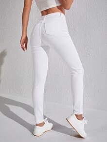 SHEIN SXY Quần jeans nữ dáng ôm, cạp cao, túi xéo, màu trơn. - trắng - Xem 2