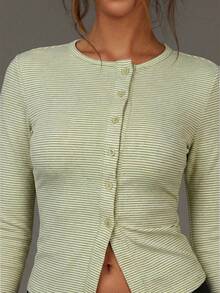 Athîral 女士条纹印花长袖休闲T恤 - 綠色 - 查看 1