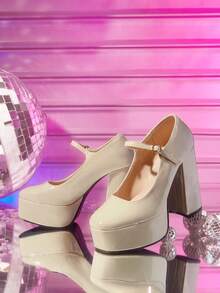 CUCCOO LuxiPop Women's Thick Sole High Heel Pumps, Round Toe Design, Elegant Leather Shoes, Sexy Club/Runway Style, All Season - Beige - View 2