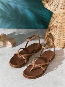 SHUZIA #EverydayMinimal Women's Round Toe Wide&Cushioned Footbed Insole Toe-Post Ankle Strap Premium Vegan Leather Taupe Thong Flat Sandals – Clean, Casual & Comfortable - Beige - View 6