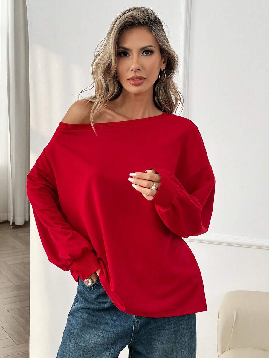 Easowa Women's Loose Off-Shoulder Long Sleeve Red Sweatshirt, Suitable For Valentine's Day And Casual Daily Wear, Spring/Summer Plain/Casual - Red - View 1