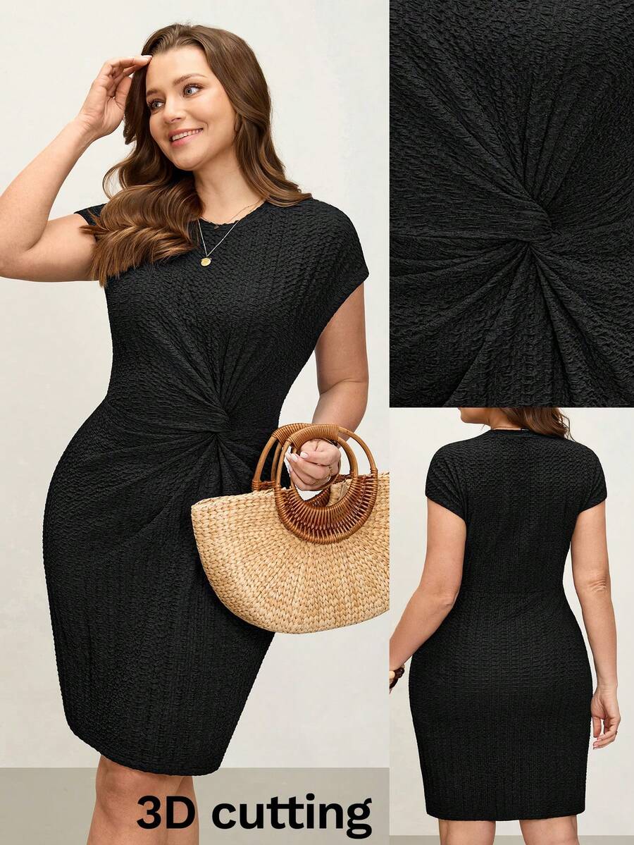 Comfylo Plus Size Women Black Summer Elegant Workwear Solid Color Twist Waist Bodycon Dress Carnival Outfit Party Luxury Valentine's Day Ruched Curve Casual