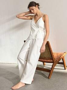Ocili 女士纯色V领交叉打结吊带背心和阔腿裤休闲家居服套装 - 白色 - 查看 2