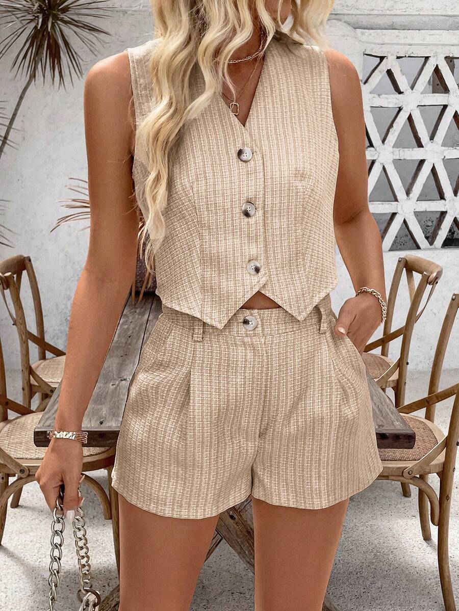EMERY ROSE 女士格子V领单排扣背心和短裤休闲两件套 - 卡其色 - 查看 1