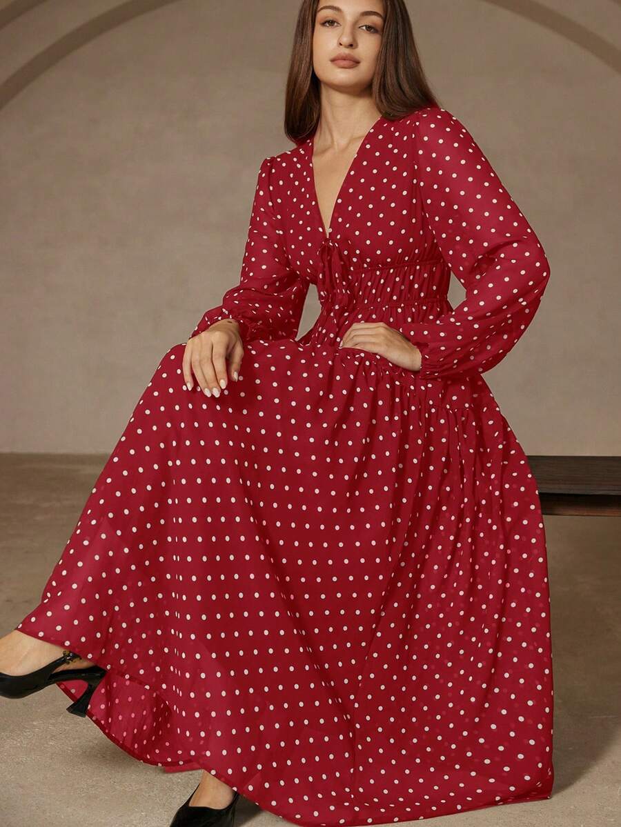 Aveloria Revavyn Đầm chiffon dài tay, cổ chữ V chấm bi cổ điển, dáng suông, thanh lịch, thắt nơ phía trước, chất liệu 18g. - Đỏ - Xem 1