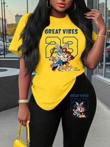 Maweii Women's Casual Everyday Commute Funny Cartoon Letter Print Short Sleeve T-Shirt And Long Pants 2-Piece Set, Spring/Summer/Autumn - Multicolor - View 3