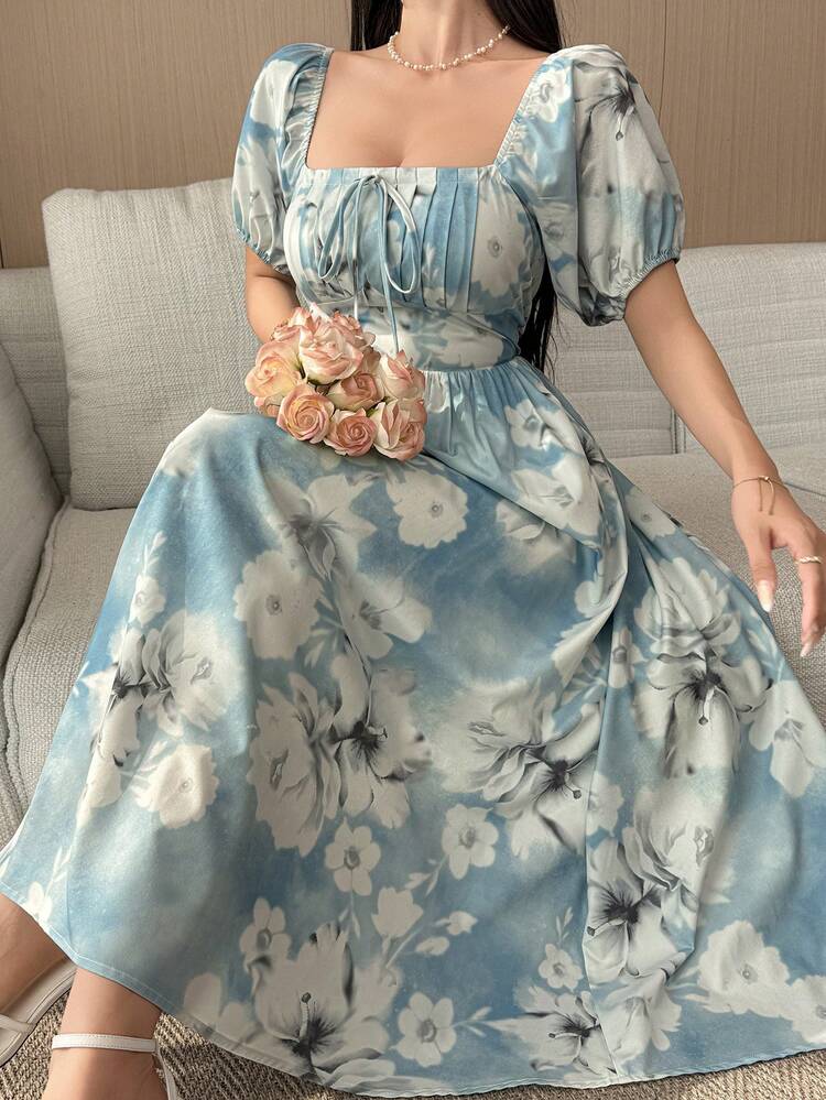Women's Elegant Floral Print Square Neck Dress Boho