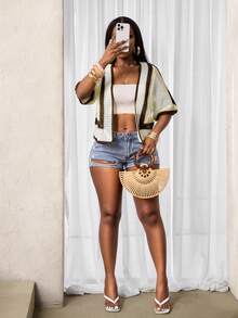 BamGleam Women's Cardigan,V-Neck,Knitted,Short-Sleeved,Khaki-Brown Color-Blocked Striped Openwork,Casual,Boho,White And Brown,Autumn,Vacation,Holiday,Parties - Coffee Brown - View 7
