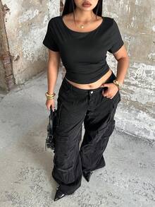 POPSWAY Sexy Hollow-Out Backless Fitted Cropped Short Sleeve T-Shirt Top, Summer New Arrival - Black - View 6