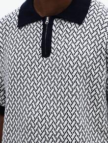 SUMWON Men's Relaxed Quarter Zip Textured Knit Polo Shirt With Geometric Pattern Navy Collar Trim Short Sleeve - Baby Blue - View 5