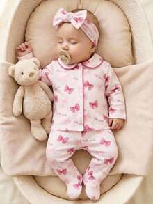 Babygirl Cute Knitted Bow Long Sleeve Pajama Set, Casual Sleepwear Newborn Baby Girl Clothes Sets Baby Girl Pajama Set Bow Print Baby Girl Outfit Baby Girl Clothes Spring Fall Baby Girl Winter Clothes - White - View 3