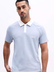 SUMWON Casual Embroidered Polo Shirt With Short Sleeves And Contrast Collar For Spring Summer Everyday Wear - Blue - View 1