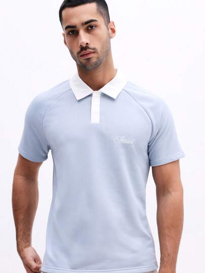 SUMWON Casual Embroidered Polo Shirt With Short Sleeves And Contrast Collar For Spring Summer Everyday Wear