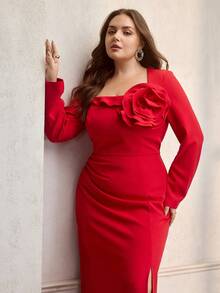 ZEYLAH Floral Embroidered Waist Cinched Elegant Dress - Red - View 1