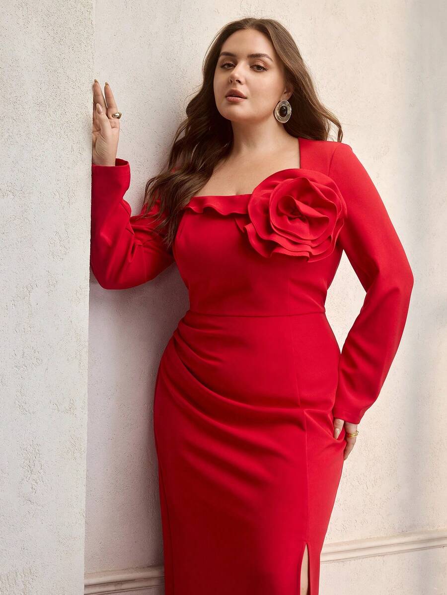 ZEYLAH Floral Embroidered Waist Cinched Elegant Dress - Red - View 1