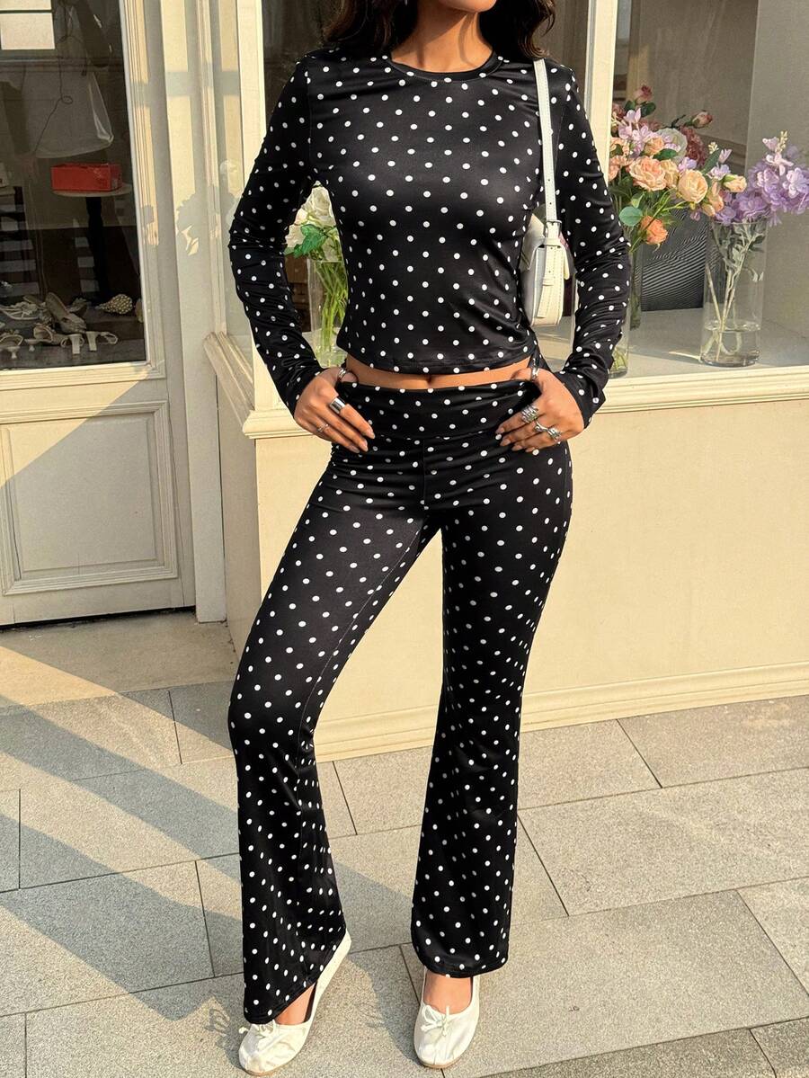 Aidyla 2pcs Black Background White Polka Dot Long Sleeve Fitted Casual Women Set - Black and White - View 1