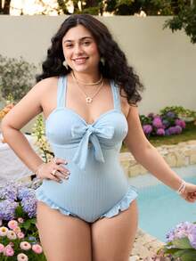 Swim Mod 新款泳装，大码女士甜美浅蓝色连体泳衣，适合海滩度假，舒适纹理面料，大码连体泳衣 - 淺藍色 - 查看 4