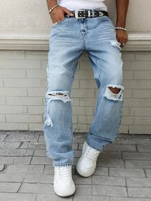 Manfinity EMRG Men's Distressed Casual Skinny Fit Jeans - Light Wash - View 1