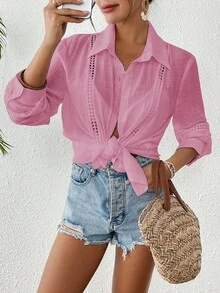 Swim Vcay Kimono de manga larga de unicolor, con bordado hueco, versátil y casual para cubrir - Rosa vieja - Ver 4