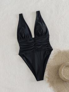 Swim Chiccia Summer Vacation Sexy Fashion Solid Deep V-Neck Ruched Waist One-Piece Swimsuit - Black - View 4