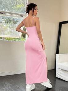 SHEIN EZwear Đầm hai dây màu hồng dáng lửng ôm sát dành cho nữ, phong cách tối giản, thoải mái, thích hợp mặc hàng ngày. - Hồng - Xem 2