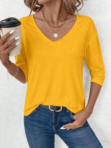 SHEIN LUNE 女士休闲纯色V领长袖T恤，适合秋冬季穿着。 - 黃色 - 查看 3