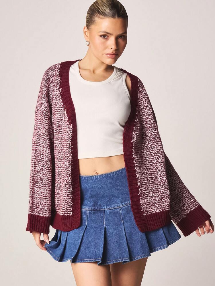MISSGUIDED Two Tone Marled Knit Open Front Loose Fit Cardigan With Ribbed Trim Fall Winter Cozy Layering Sweater