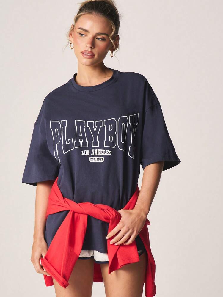 Missguided x Playboy Oversized Los Angeles Graphic T-Shirt With Crew Neck And Short Sleeves For Casual Streetwear