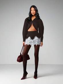 MISSGUIDED Chic Bodycon Mini Skirt With Delicate White Lace Hem Detail For Evening Occasions And Night Outfits - Brown - View 5