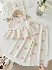 LMoss Kids 2pcs Baby Girl Ditsy Floral Woven Vest And Pants Set - Multicolor - View 2
