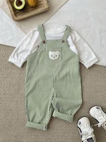 SHEIN 嬰兒男孩/女孩綠色條紋秋冬長褲連身褲，可愛熊刺繡休閒夏季套裝，親子款舒適日常穿著 - 墨綠色 - 查看 7