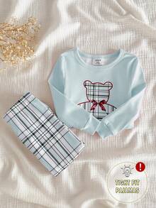 2pcs Baby Girls Casual Cute Bear Print Top And Classic Plaid Leggings Set, Snug Fit Homewear - Blue - View 1