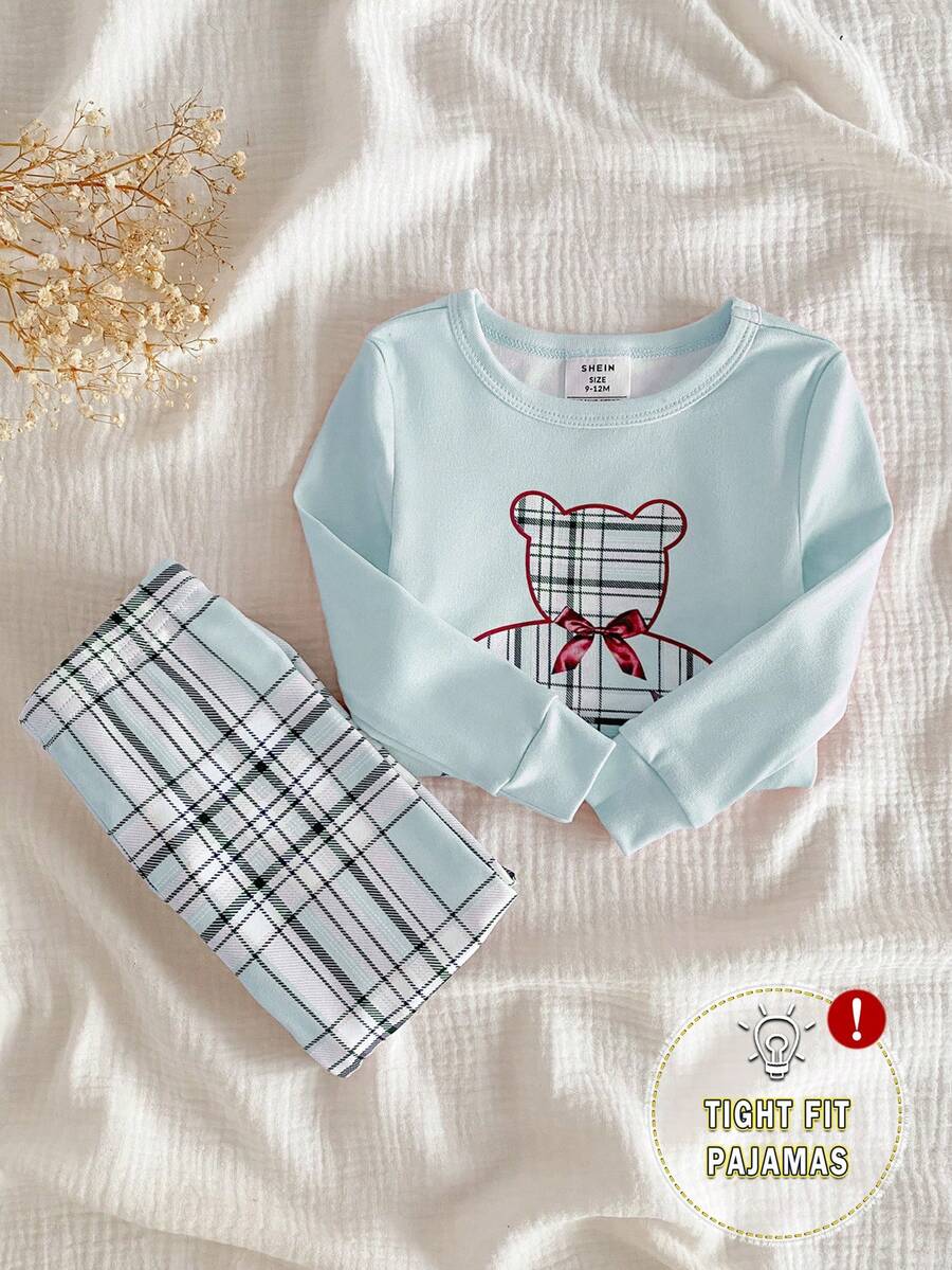 2pcs Baby Girls Casual Cute Bear Print Top And Classic Plaid Leggings Set, Snug Fit Homewear - Blue - View 1